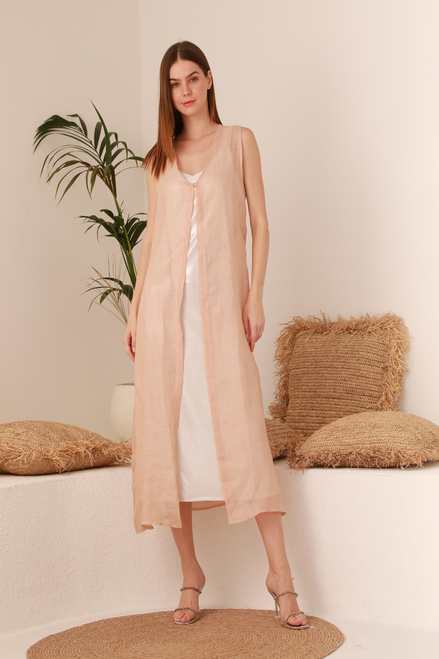 WHITE/PEACH LINEN DRESS WITH CARDIGAN