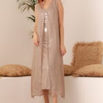 BEIGE LINEN SHIMER DRESS WITH CARDIGAN