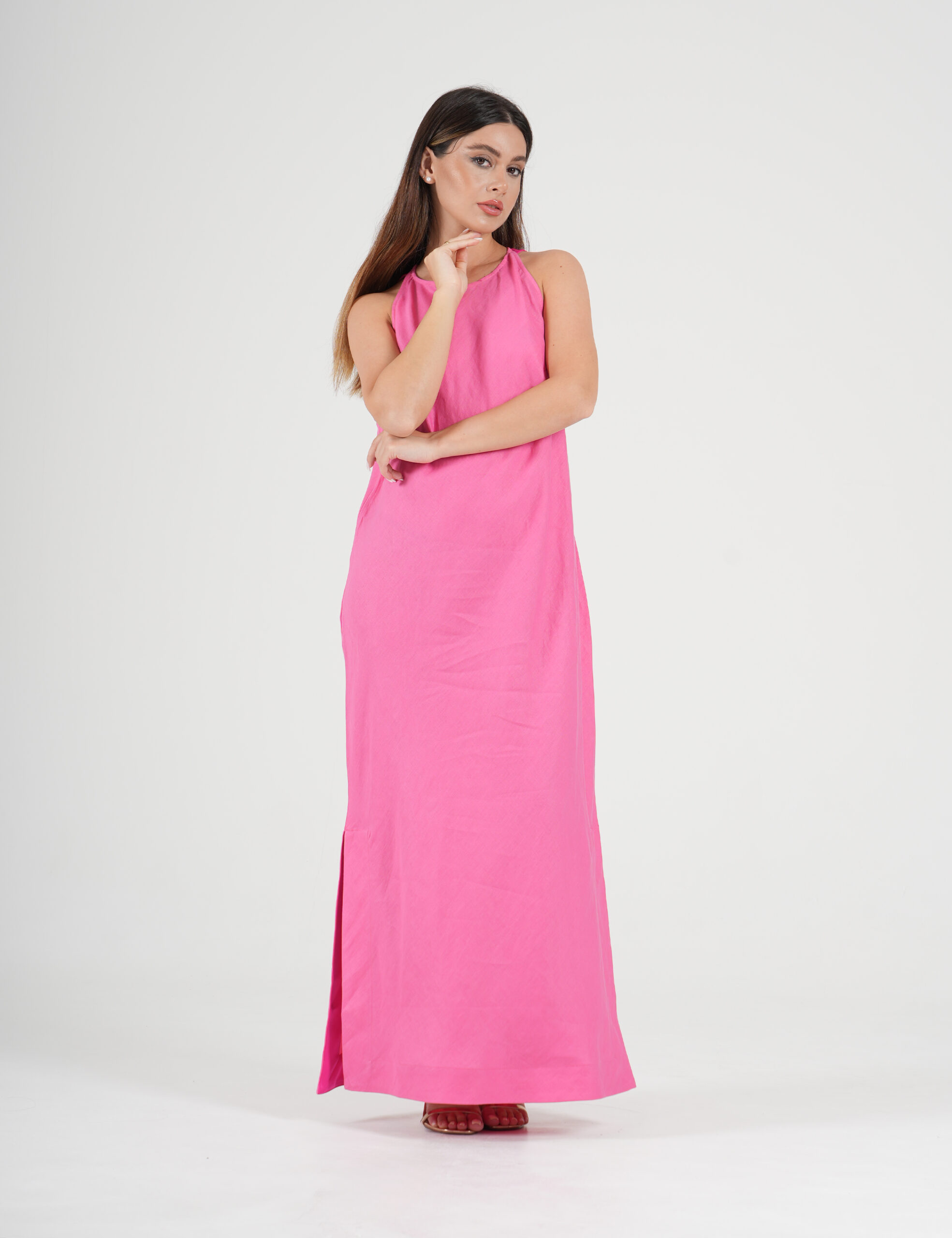 Elegant pink Linen dresses with straps of Pink satin