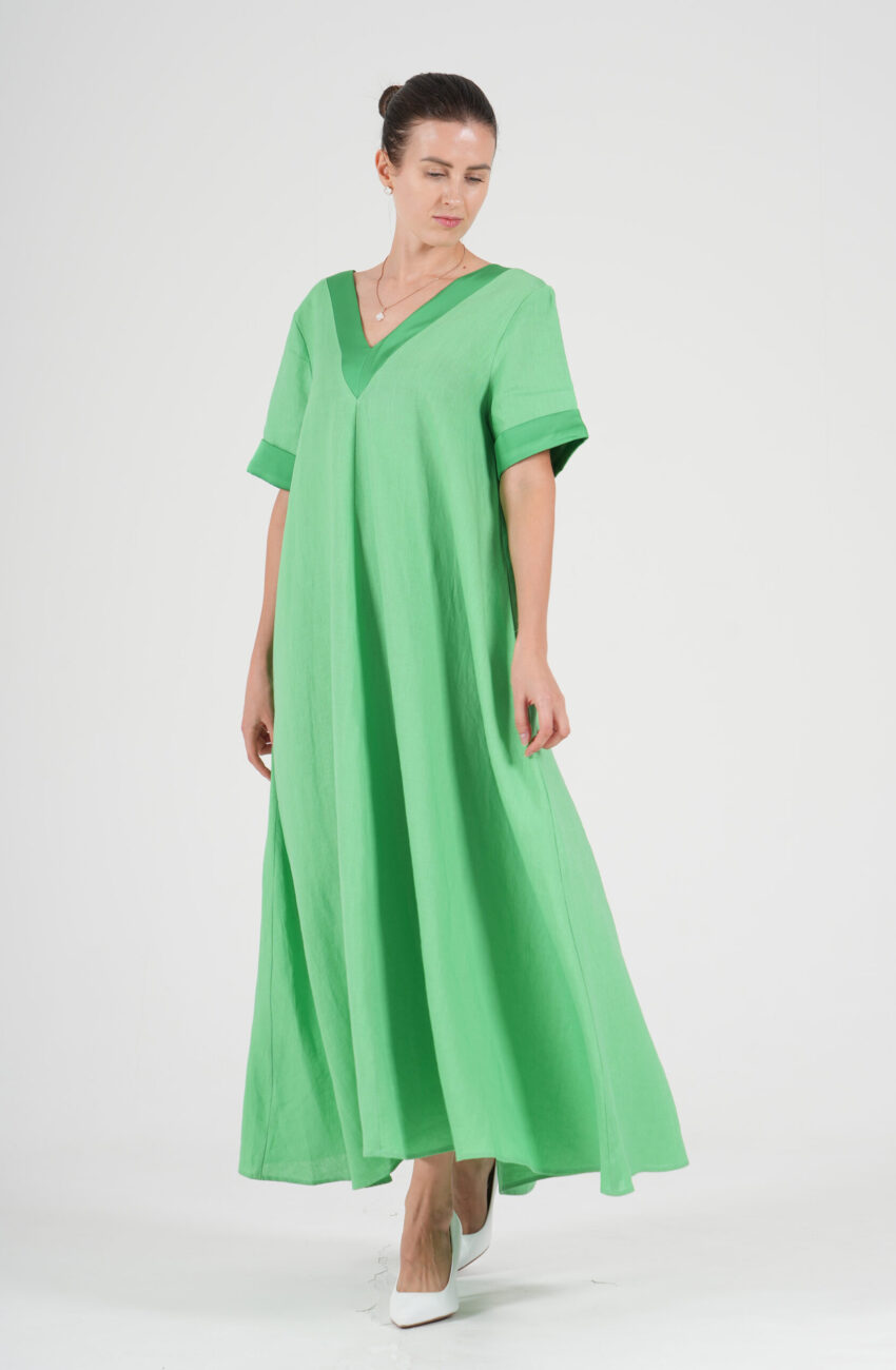 Elegant Green Linen dresses with straps of green satin